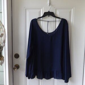 ING+ dark blue polyester top size 3X, ruffled hem, scoop back with string detail